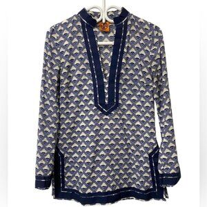 Tory Burch White & Navy Cotton Blouse/Tunic Size 0